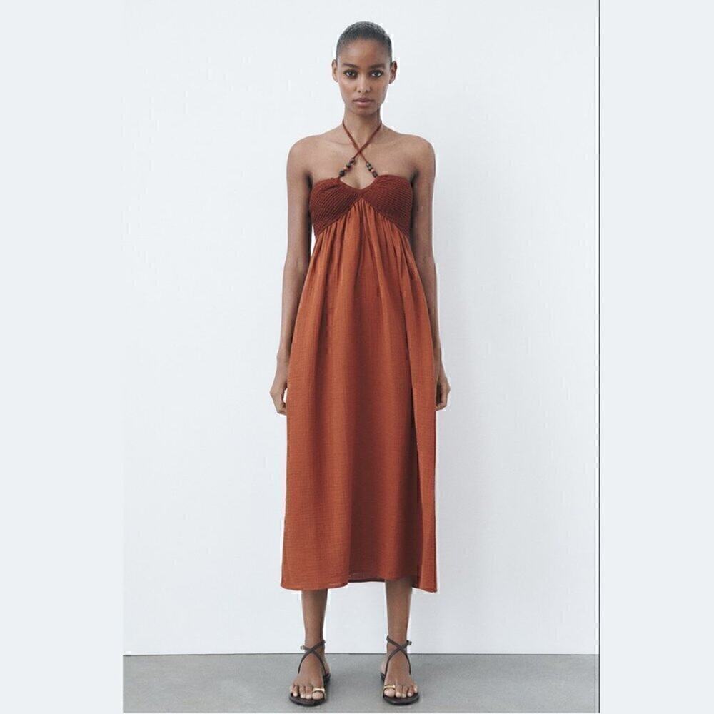 Zara NWT Rust Halter Cotton Midi Dress Boho Resort S - Picture 9 of 14